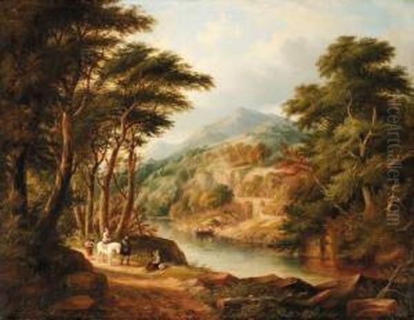 A Mountainous River Landscape With Travellers On A Path And A Ferryboat Beyond Oil Painting by Charlotte Nasmyth