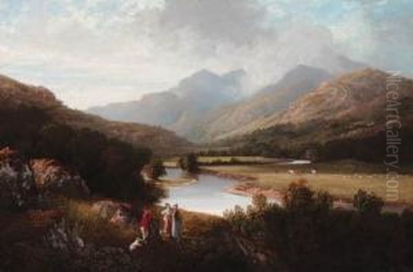 A Mountainous Wooded River Landscape, With Figures In Theforeground Oil Painting by Charlotte Nasmyth