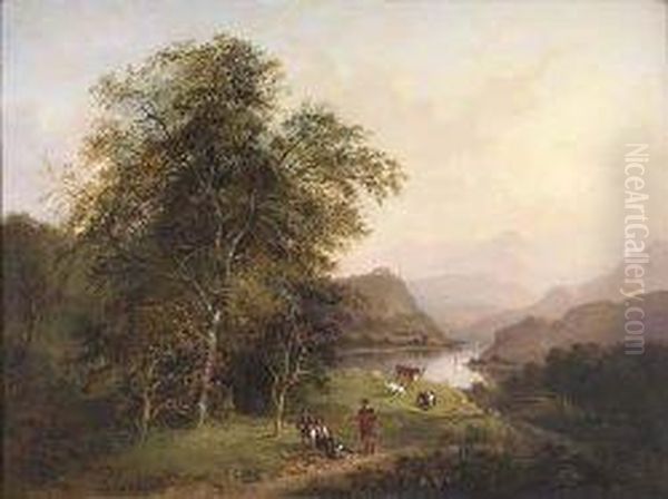 Figures In A Highland Landscape Oil Painting by Jane Nasmyth