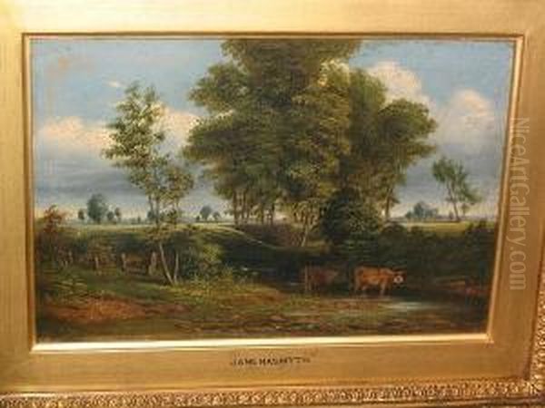 Country Landscape With Cattle Watering At A Stream Oil Painting by Jane Nasmyth