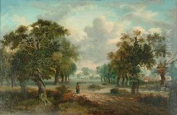 A Figure In A Landscape With A Village Beyond Oil Painting by Jane Nasmyth