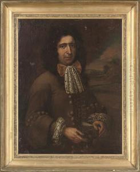 Portrait Of A Gentleman, 
Half-length, In A Fawn Coat With Lace Collar And Cuffs, A Dog To His 
Side With A Landscape Beyond by Pieter Nason