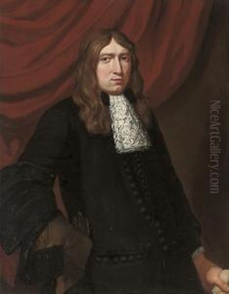 Portrait Of A Gentleman, Half-length, In A Black Coat, Wearing Ahawking Glove Oil Painting by Pieter Nason