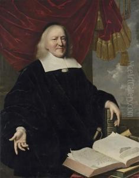 Portrait Of Hendrik Thiebaut, 
Three-quarter-length, In Black, Hisleft Hand Resting On A Copy Of The 
Bible, An Open Copy Of Annaleset Histoires Des Troubles Du Pais-bas On 
The Table In Front Of Him,a Draped Curtain And Coastal Landscape Beyond Oil Painting by Pieter Nason