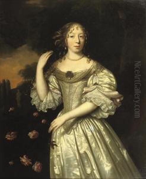 Portrait Of A Lady, 
Three-quarter-length, In A Silver Silk Dressdecorated With Pearls, 
Standing In A Park Landscape Near A Bush Ofroses Oil Painting by Pieter Nason