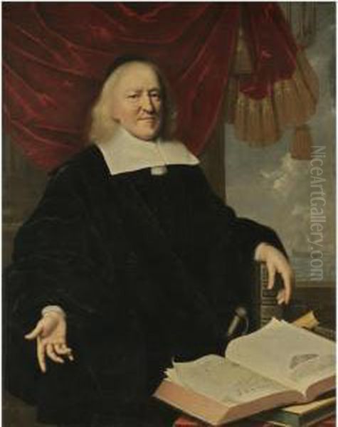 Portrait Of Hendrik Thibaut, 
Three-quarter Length Seated Before A Red Curtain Wearing Black, With His
 Left Hand Resting On A Copy Of The Bible And On A Table In Front Of Him
 An Open Copy Of Annales Et Histoires Des Troubles Du Pais-bas , A View 
Of Oil Painting by Pieter Nason