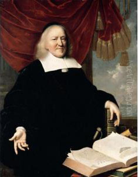 Portrait Of Hendrik Thibaut, 
Three-quarter Length Seated Before A Red Curtain Wearing Black, With His
 Left Hand Resting On A Copy Of The Bible And On A Table In Front Of Him
 An Open Copy Of ' Oil Painting by Pieter Nason