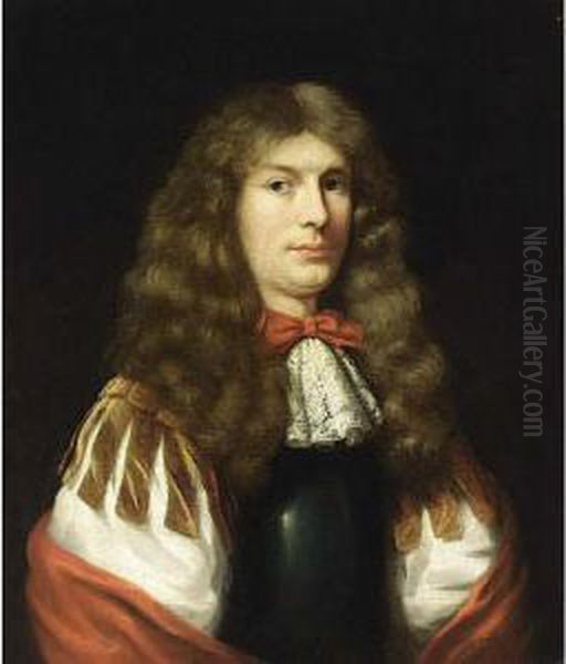 A Portrait Of A Young Gentleman,
 Half Length, Wearing A White Chemise And A White Lace Scarf Together 
With A Red Bow And Shawl, A Cuirass And A Wig Oil Painting by Pieter Nason