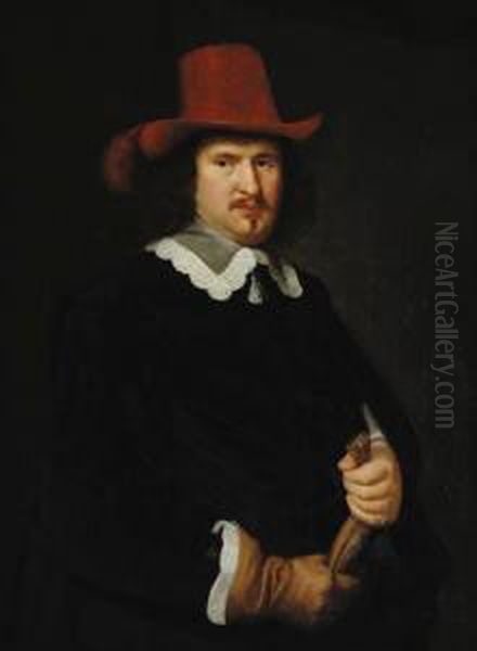 Portrait Of A Gentleman, Three-quarter-length, In A Red Plumed Hat,holding A Glove Oil Painting by Pieter Nason