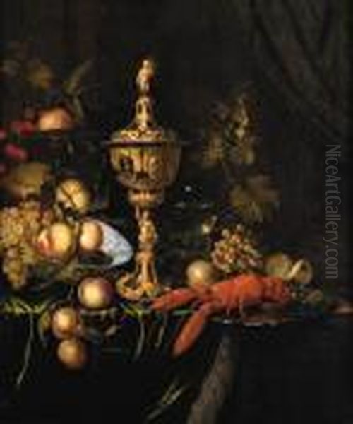 A Lobster On A Silver Dish, An 
Ornamental Gold Cup And Cover,peaches, Grapes And Plums In A Porcelain 
Bowl, Cherries And Orangeson A Silver Tazza, A Partly Peeled Lemon And A
 Roemer On A Partlydraped Ledge Oil Painting by Pieter Nason