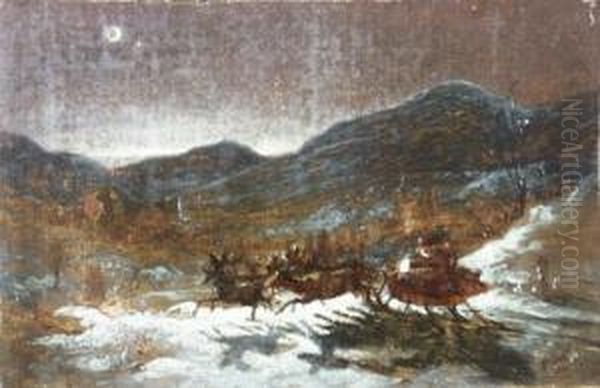 Father Christmas In A Winter Landscape Oil Painting by Thomas Nast