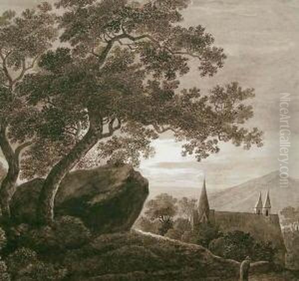 Landschaft Mit Grosem Baum, Kirche Und Passant Bei Dammerung Oil Painting by Christoph Nathe