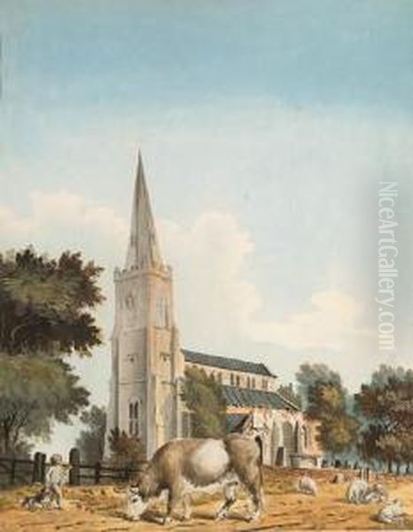 The Church Of Sutton St. Nicholas, Lincolnshire; And Long Suttonchurch, Lincolnshire Oil Painting by John Claude Nattes