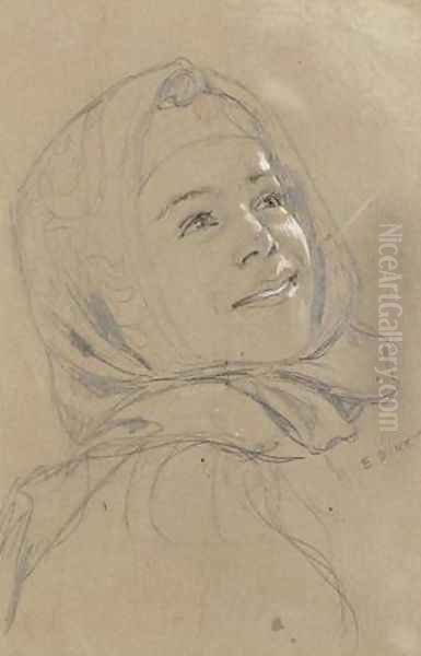 Young Algerian Girl (Jeune fille algerienne souriant) Oil Painting by Alphonse Etienne Dinet