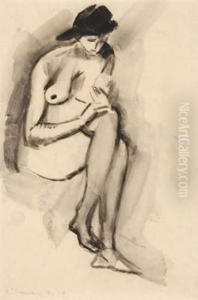 Seated Female Nude With Hat Oil Painting by Heinrich Nauen