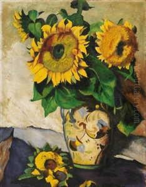 Sonnenblumen In Bemalter Vase Mit Doppelhenkel Oil Painting by Heinrich Nauen