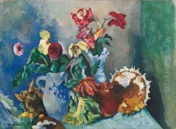 Stilleben Mit Herbstblumen Und Westerwalder Krug Oil Painting by Heinrich Nauen