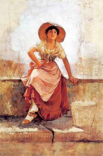 Florentine Flower Girl I Oil Painting by Frank Duveneck