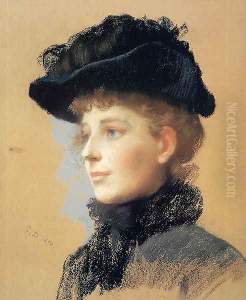 Portrait of a Woman with Black Hat Oil Painting by Frank Duveneck