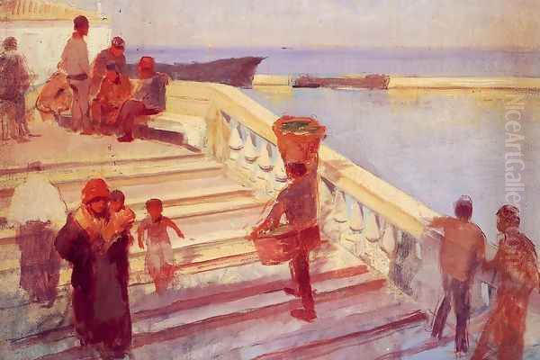 Figures on Venetian Steps Oil Painting by Frank Duveneck