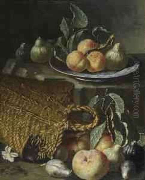 Still Life With Woven Bag, Apple, Pear, Figs And Peach. Oil Painting by Pietro Navarra