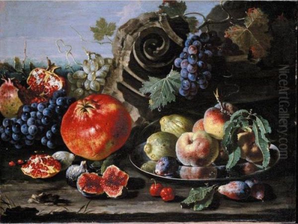 Still Life Of Pomegranates, Red 
And White Grapes, Figs, Plums, Green Figs And Peaches On A Silver Plate,
 Together With A Fragment Of A Classical Column, All Arranged In A 
Landscape Oil Painting by Pietro Navarra