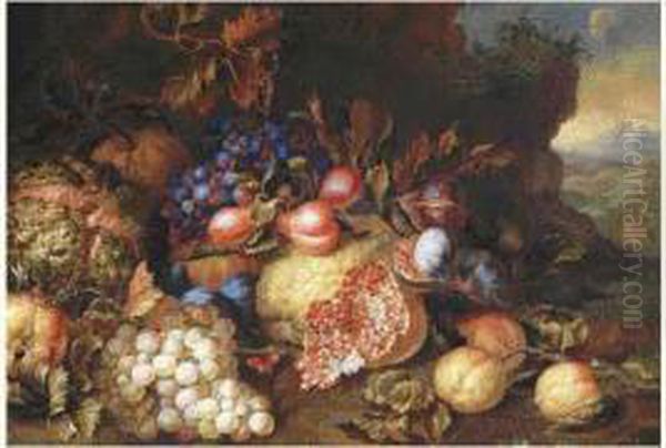 Composition Aux Raisins, Grenades Et Figues Sur Fond De Paysage Oil Painting by Pietro Navarra