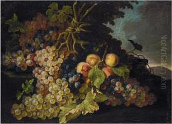 Still Life Of Grapes And Peaches In A Landscape Oil Painting by Pietro Navarra