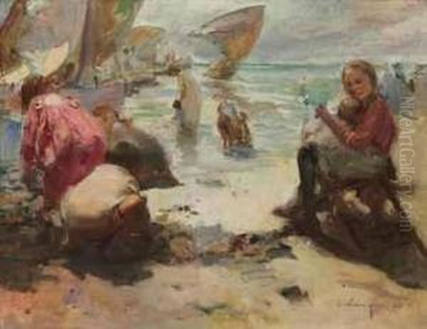 Children On The Beach Oil Painting by Jose Navarro