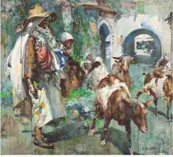 Pastor Con Su Rebano (shepherd With His Herd) Oil Painting by Jose Navarro