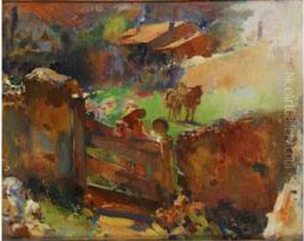 Ninos Con Burros En El Campo Oil Painting by Jose Navarro