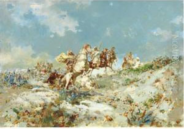 Arabs On Horseback Oil Painting by Jose Navarro