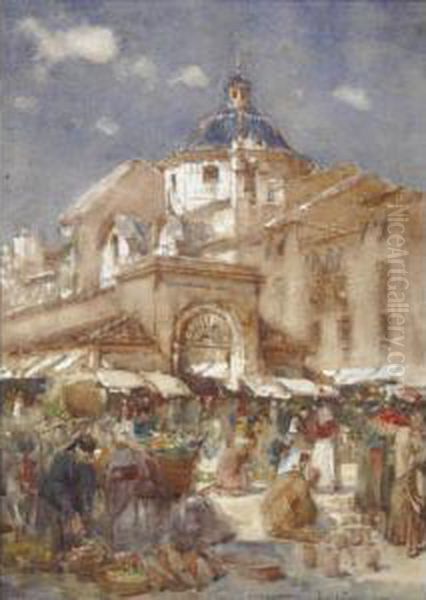 Busy Market Scene Oil Painting by Jose Navarro