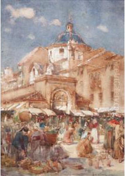 Busy Market Scene Oil Painting by Jose Navarro