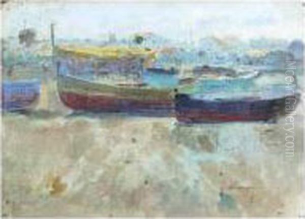 Barcas En La Playa (boats On The Beach) Oil Painting by Jose Navarro