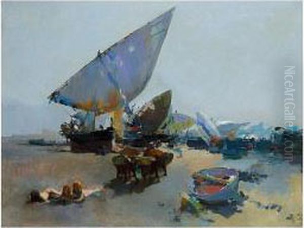 Bueyes Y Barcas En La Playa (oxen And Boats On The Beach) Oil Painting by Jose Navarro