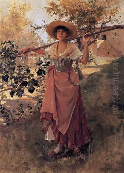 Girl with Rake I Oil Painting by Frank Duveneck