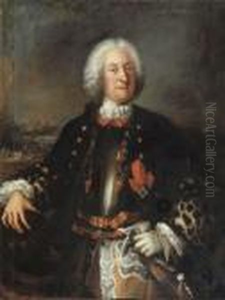 Portrait Of A Nobleman, 
Three-quarter Length, In Armour Andhermeline Lined Cape, With Sash And 
Order, His Right Hand On Ahelmet, A Battlefield Beyond Oil Painting by Bartolomeo Nazari