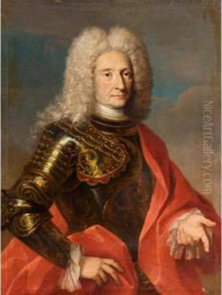 Portrait Of A Gentleman, Half Length Wearing Armour And A Red Cloak Oil Painting by Bartolomeo Nazari