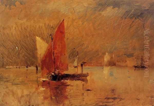 Red Sail in the Harbor at Venice Oil Painting by Frank Duveneck