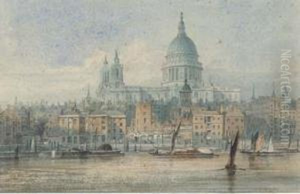 Barges On The Thames Before St. Paul's Cathedral Oil Painting by J. P. Neale