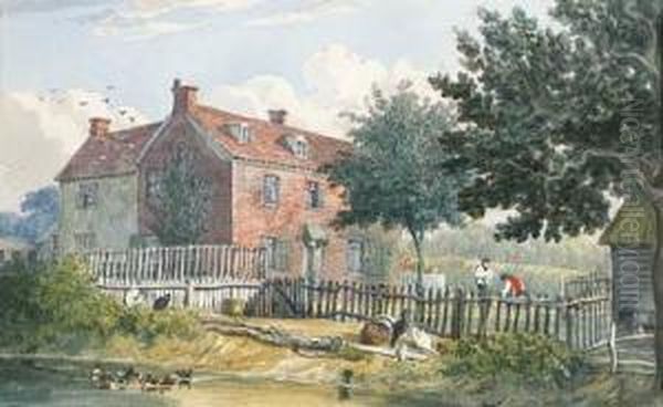 The Exterior Of A Farmhouse At 
Holbrook, Ipswich, Suffolk; And Aview Of The Interior Of The Kitchen Oil Painting by J. P. Neale