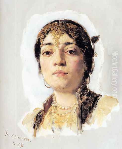 Head of an Oriental Woman I Oil Painting by Frank Duveneck