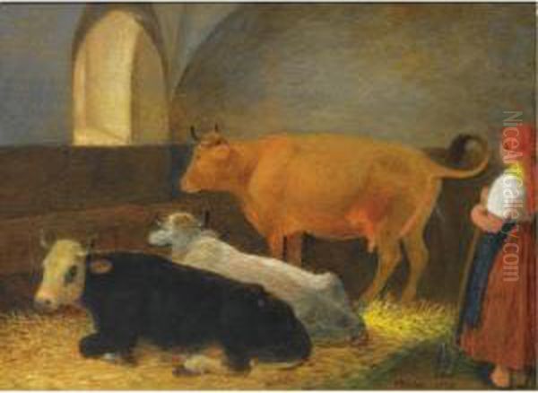 A Maid In A Cow Barn Oil Painting by Johann Michael Neder