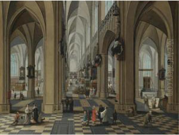 A Church Interior With Elegant Figures Strolling And Figures Attending Mass Oil Painting by Peeter, the Elder Neeffs