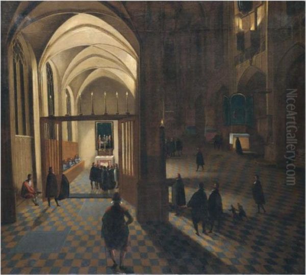 A Nocturnal Church Interior With Worshippers Gathering For Prayer Oil Painting by Peeter, the Elder Neeffs