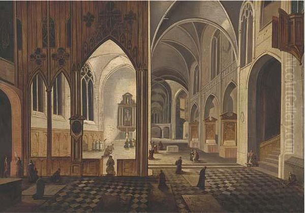 Figures Worshipping In A Cathedral Oil Painting by Peeter, the Elder Neeffs