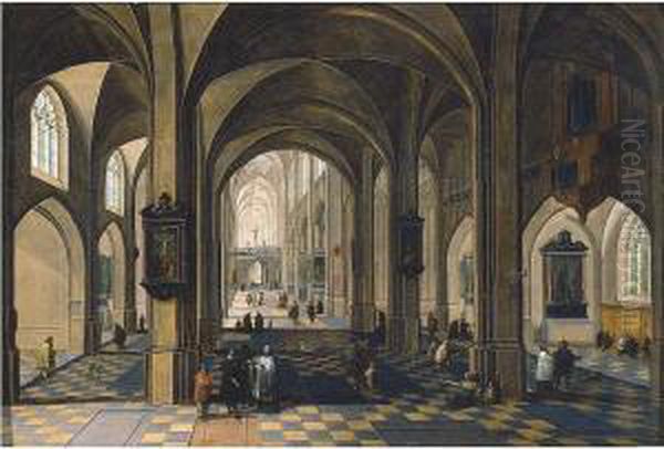 The Interior Of A Gothic Cathedral With Figures Oil Painting by Peeter, the Elder Neeffs