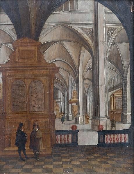 The Interior Of A Gothic Church With Two Gentlemen Conversing In The Foreground Oil Painting by Peeter, the Elder Neeffs