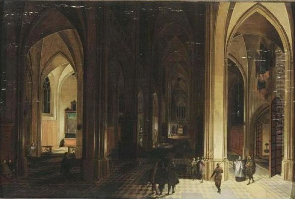 A Church Interior By Night With A Priest And Other Figures By Torchlight Oil Painting by Peeter, the Elder Neeffs